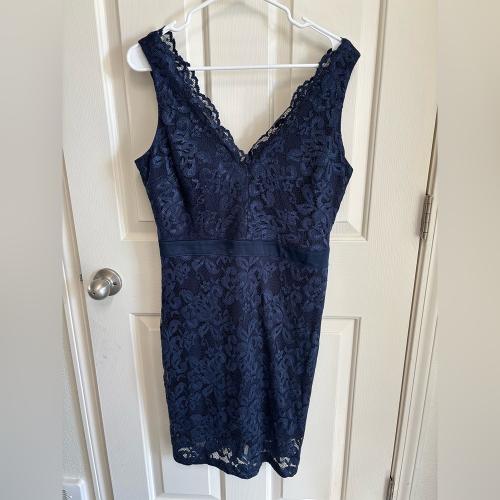 Teeze Me Navy midi Lace Dress semi-formal formal V-neck sleeveless size 13